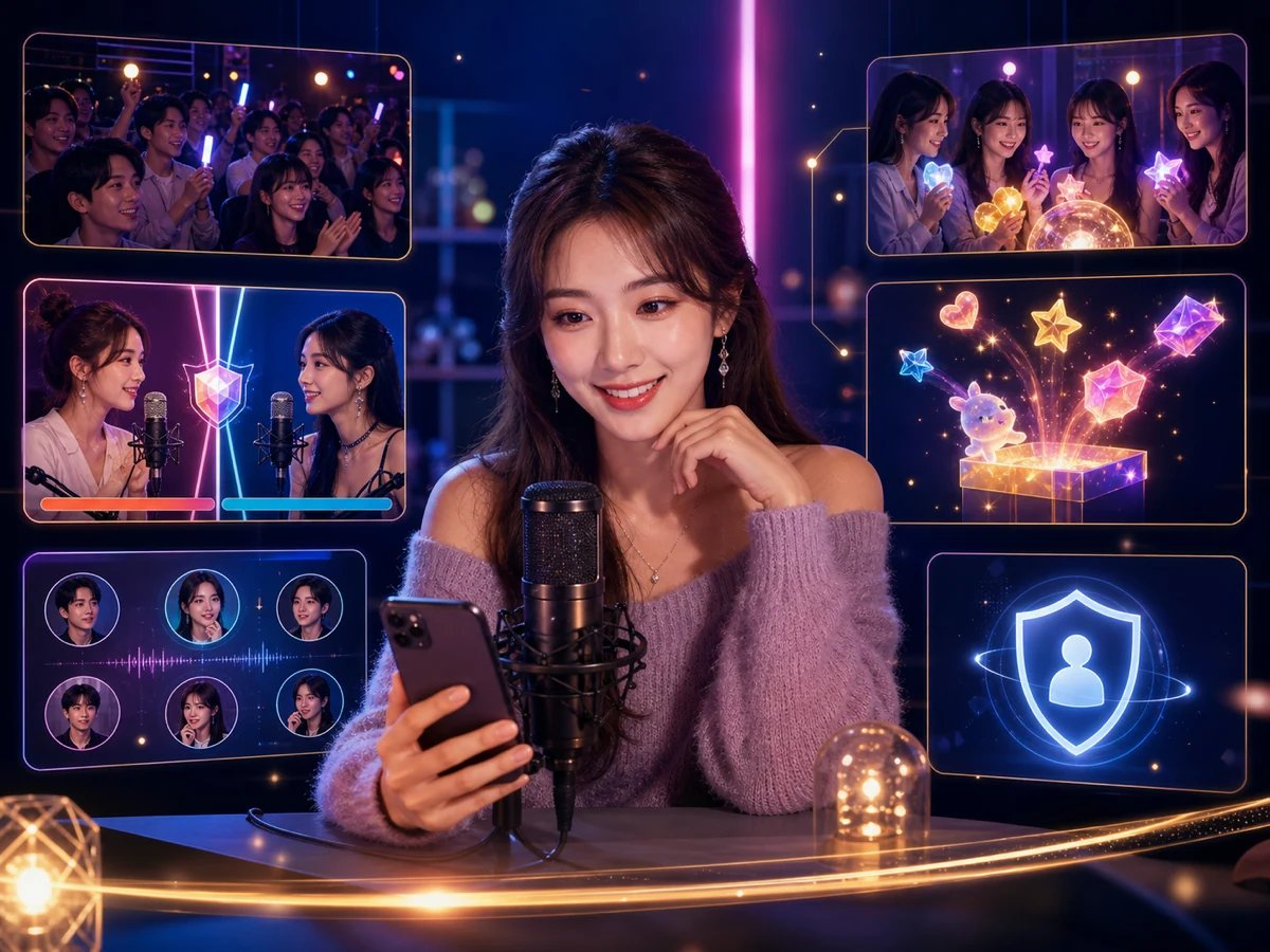 成人の配信者を中心に通常ライブ、音声交流、PK、ファン応援、ギフト、安全機能を示すFIREFLY LIVEの全体像