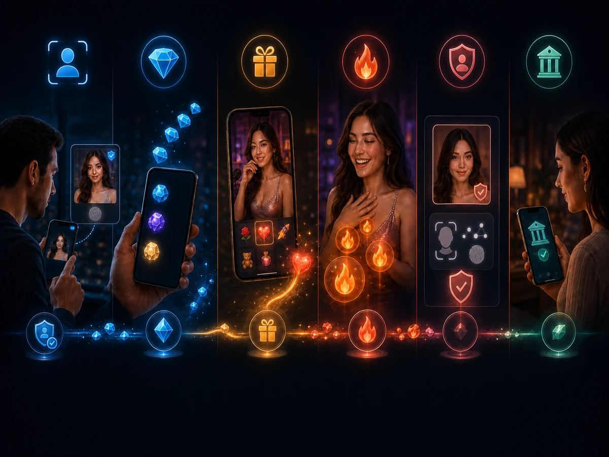 成人の視聴者がFIREFLY IDを確認してGEMを購入しGiftを贈り、成人配信者がFIRE残高と本人確認済みの出金画面を見る様子