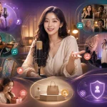 成人の配信者を中心に歌、楽器、アート、音声交流、イベント、買い物、安全機能を示すPIXY LIVEの全体像