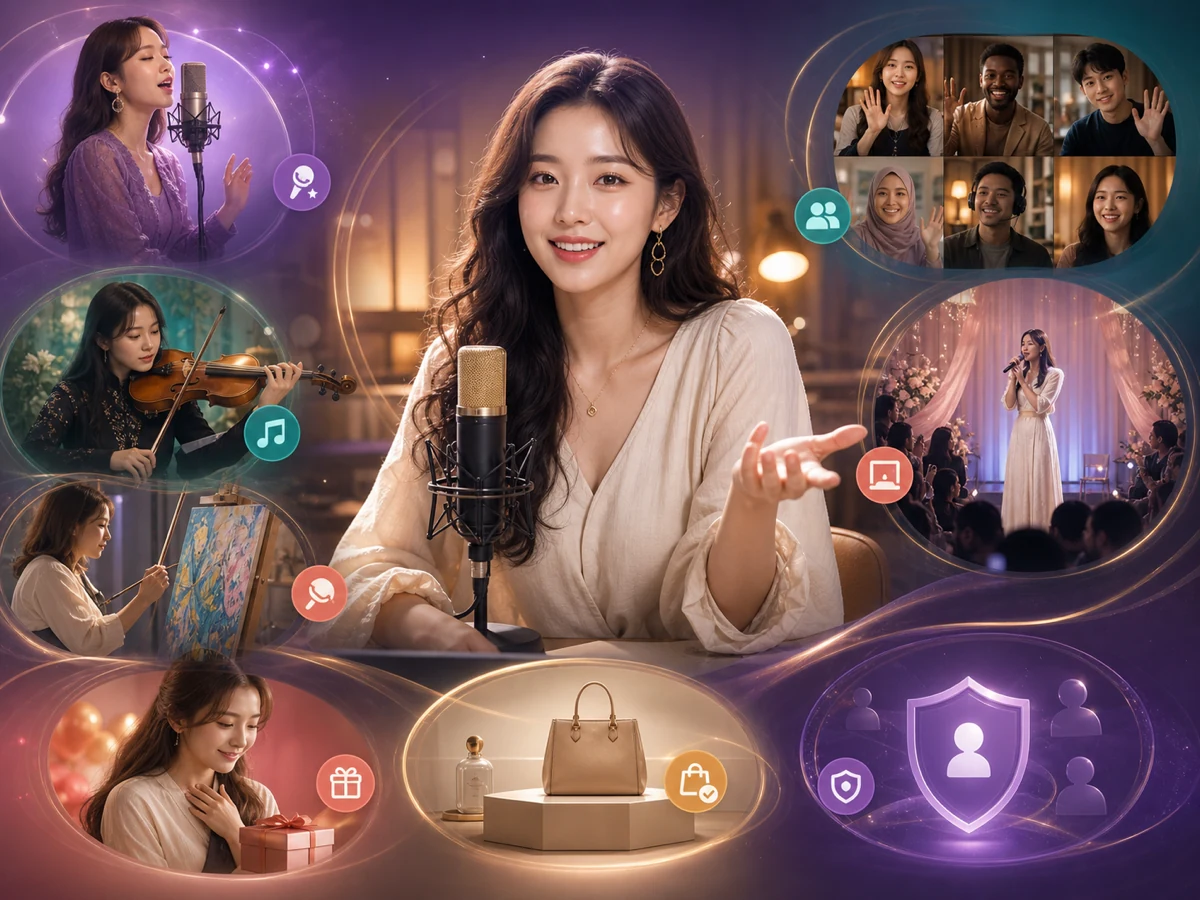 成人の配信者を中心に歌、楽器、アート、音声交流、イベント、買い物、安全機能を示すPIXY LIVEの全体像
