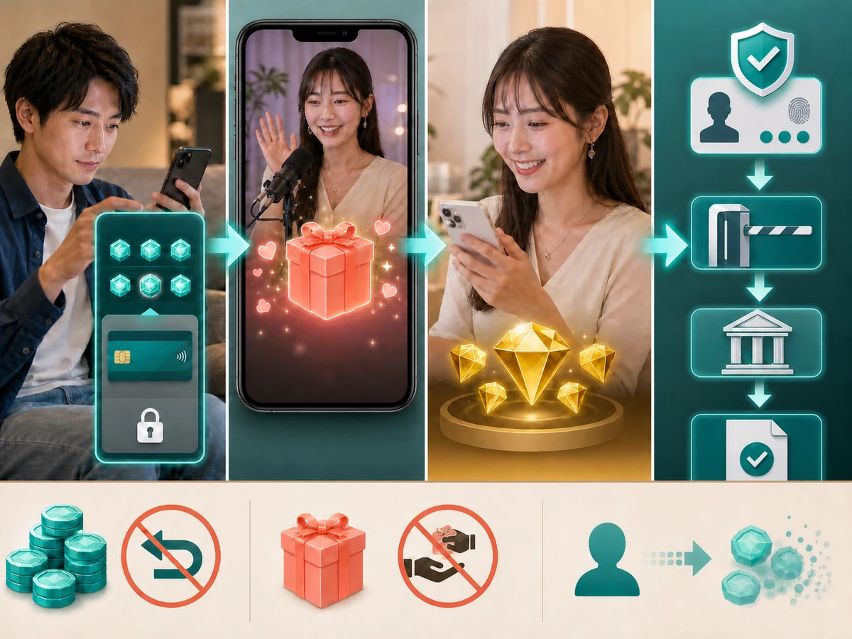 成人の視聴者がCreditsを購入してGiftを贈り、認証済みの成人配信者がDiamondsと対象プログラムの出金手続きを確認する様子