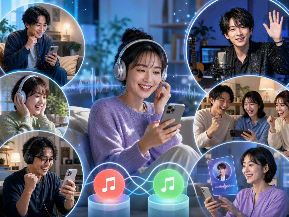 成人のファンが音楽サービスを連携し、同期再生、チャット、アーティスト配信を楽しむリスパの全体像