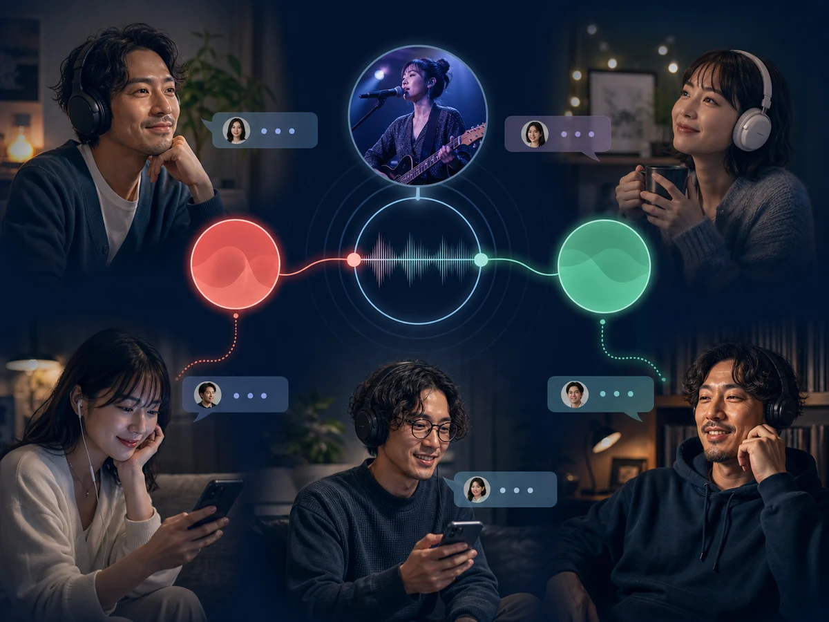 成人のファンがApple MusicまたはSpotify Premiumを連携し、同じ楽曲を同期再生しながらリスパのチャットで反応を共有する様子