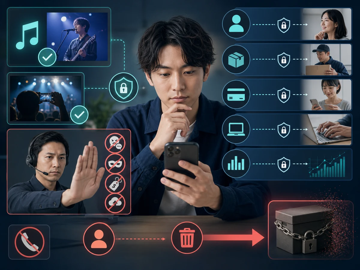成人のリスパ利用者が音楽と映像の権利、個人情報、外部決済と配送、禁止行為、アカウント削除前の確認を行う様子