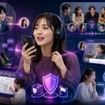 成人の利用者を中心に1対1通話、最大5人のグループ通話、音声ライブ、つぶやき、お絵描き、AIトーク、安全機能を示すランチャの全体像