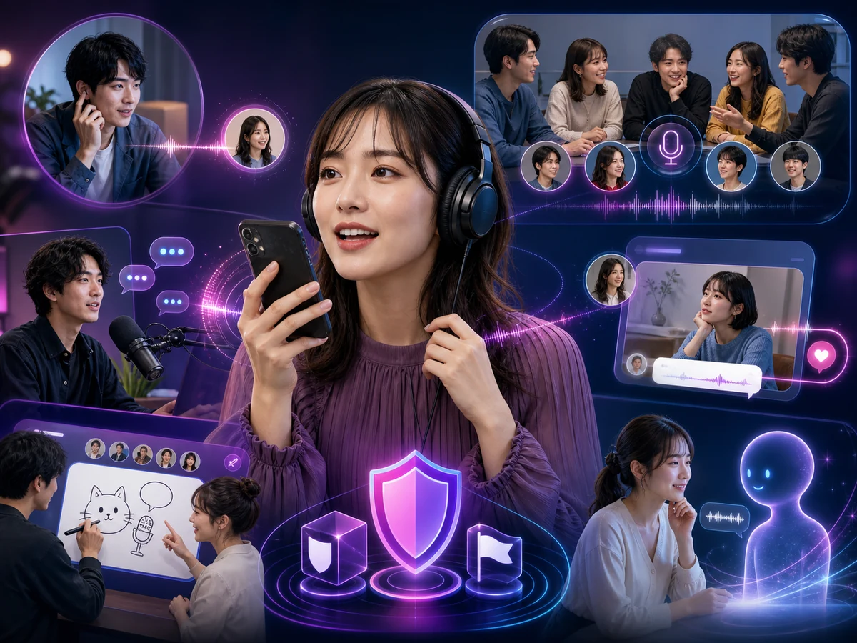 成人の利用者を中心に1対1通話、最大5人のグループ通話、音声ライブ、つぶやき、お絵描き、AIトーク、安全機能を示すランチャの全体像