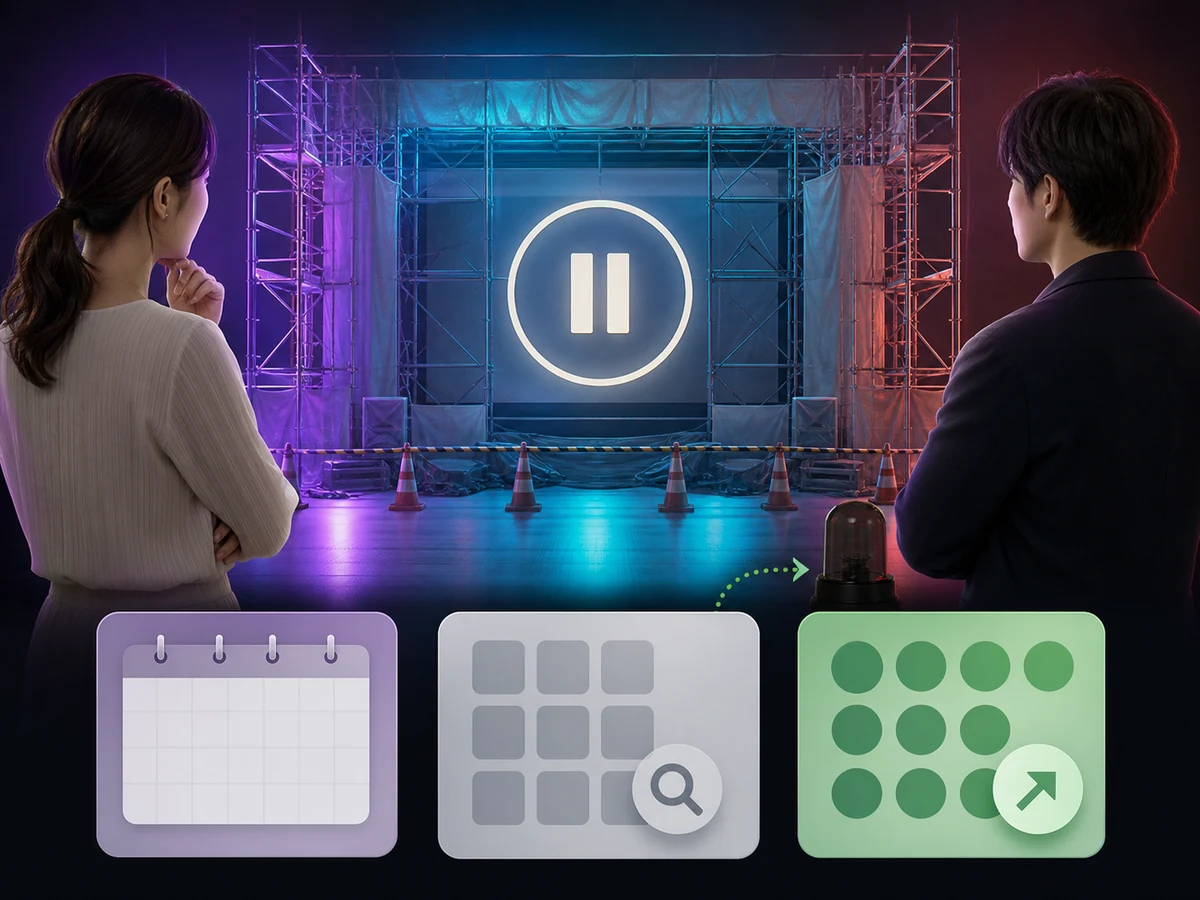 成人の配信者と視聴者がCAS2の一時停止、iPhone版ページの非掲載、Google Play掲載継続、再開待ちを確認する様子