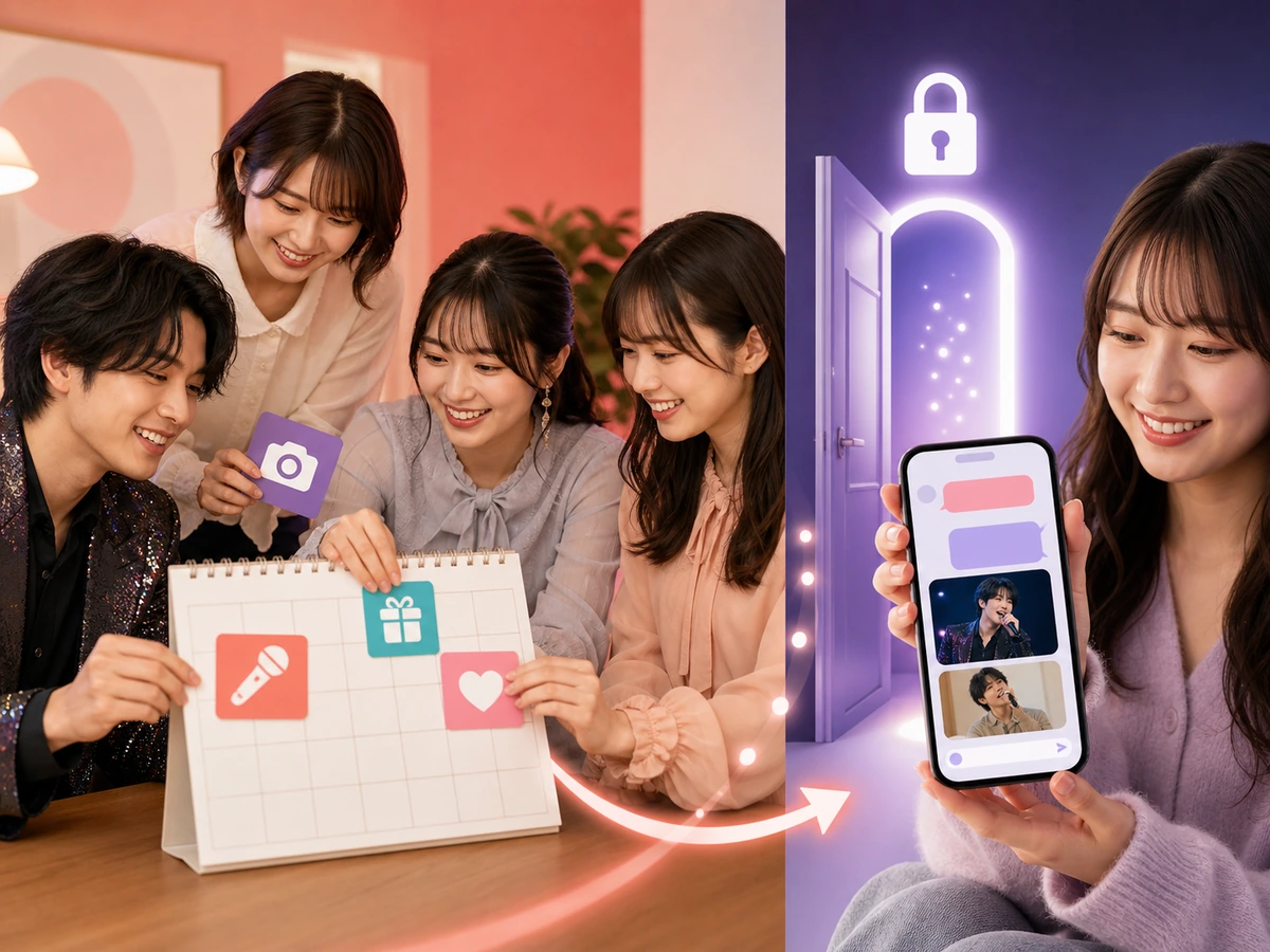 成人のタレントとファンが専用カレンダーを一緒に作り、月額会員向けの個別チャットで写真や動画を受け取る流れ