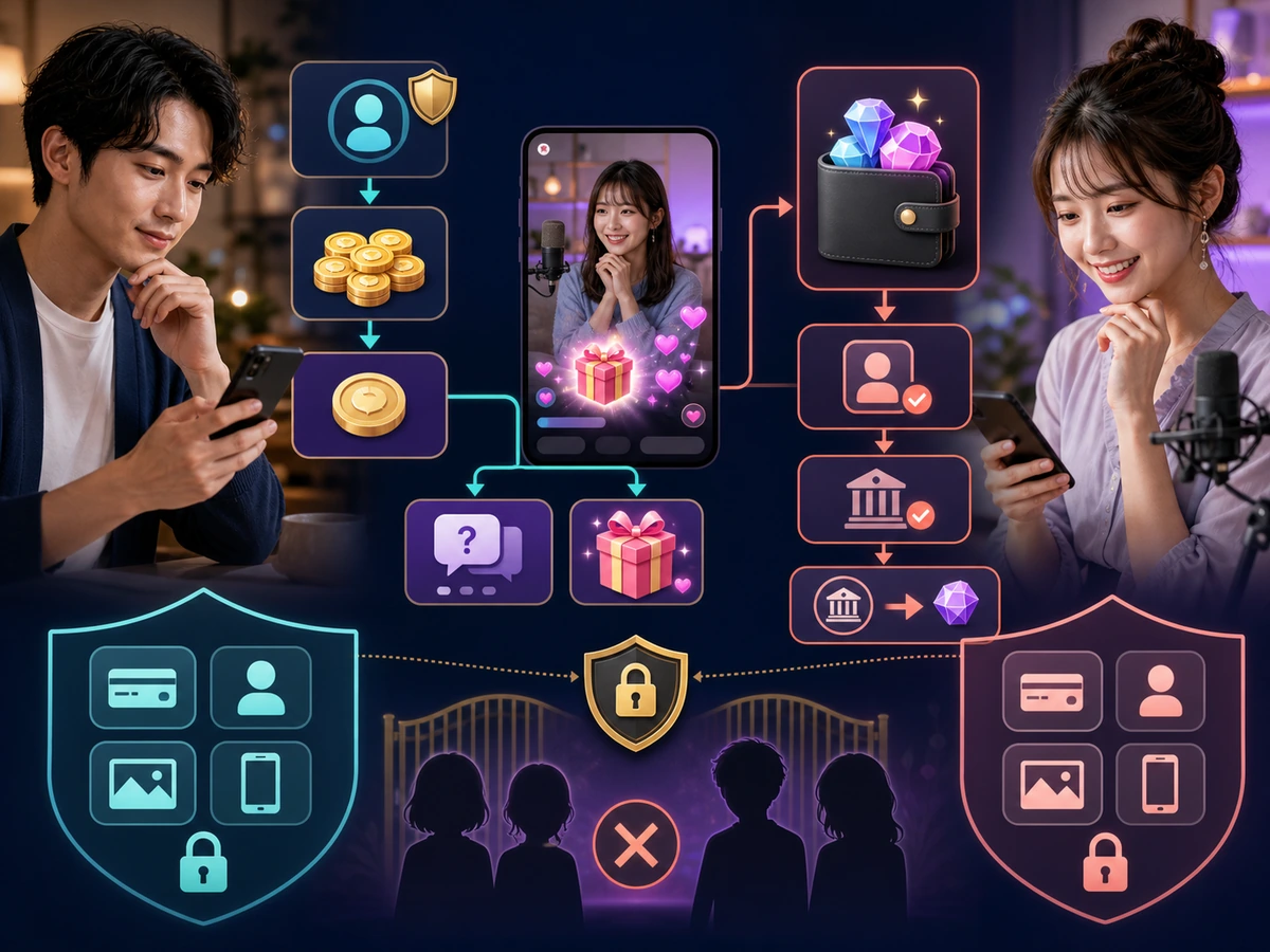 成人のファンがコインでカードとギフトを送り、成人の配信者が本人確認と口座登録を経てジェムを換金する流れ
