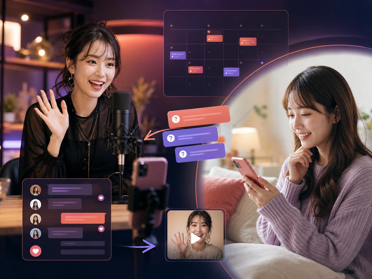 成人のタレントとファン、共同カレンダー、LIVEのカード、動画リプライ、月額ファンダムチャットを示すRepliveの全体像