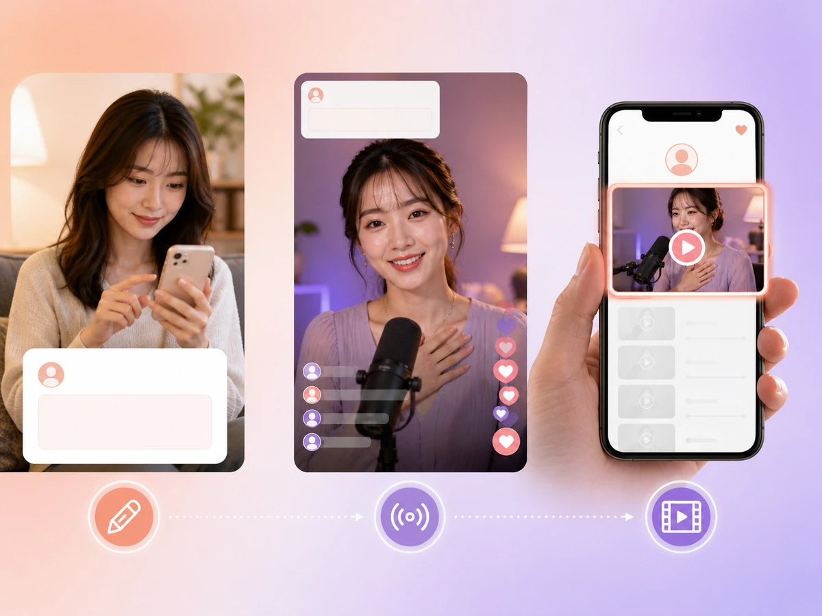 成人のファンがカードを送り、タレントがLIVEで回答し、その回答部分だけが短い動画リプライとして届く流れ