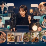 成人のComfyClub配信者と視聴者、音声ライブ、コメント、ギフト、食事・服装・趣味の日常投稿を示す全体像