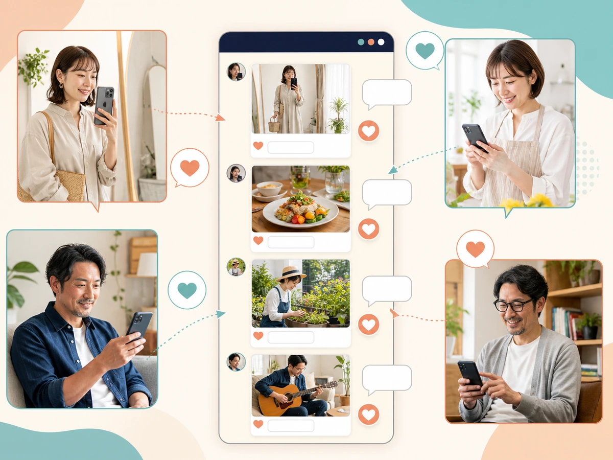 成人の利用者が服装、食事、園芸、楽器の写真を投稿し、コメントと共感でつながるComfyClubのライフシェア