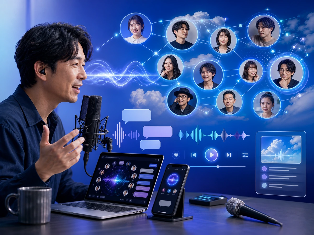 成人のBluecast配信者とリスナー、低遅延音声、Blueskyのつながり、10人会話、チャット、BGM、カラオケ、アーカイブの全体像