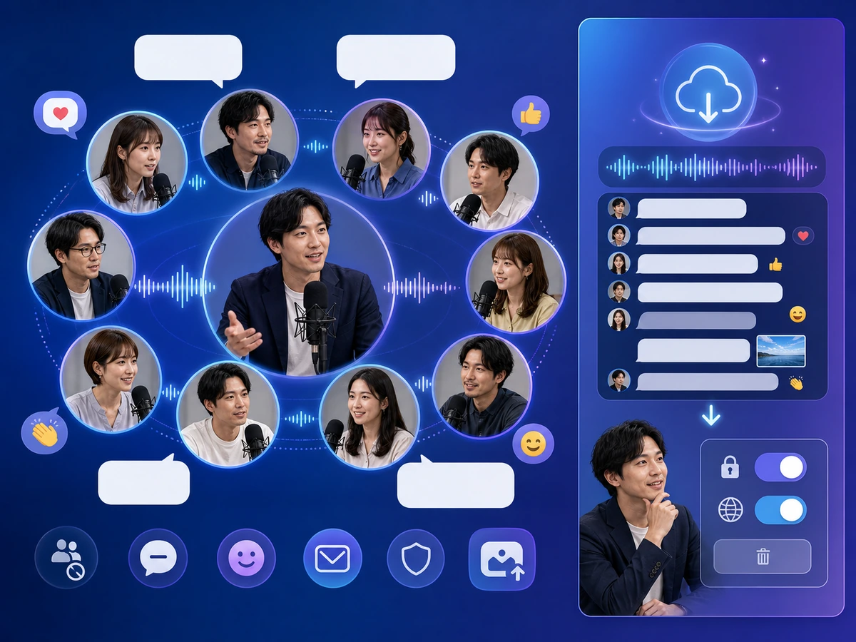 成人の配信者と9人の成人ゲストが音声で会話し、チャットと一緒にアーカイブを保存・公開設定する流れ