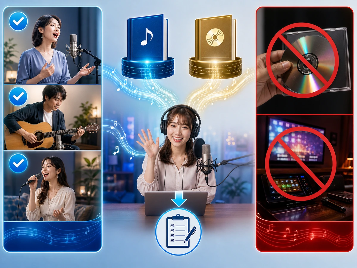 成人がアカペラ、ギター演奏、許諾済みカラオケで配信し、使用楽曲を報告する一方、無許諾CDと外部カラオケ音源を使わない流れ
