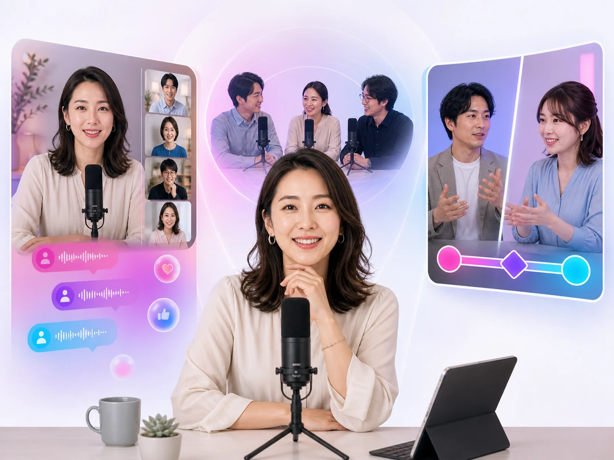 成人のTikLive配信者が動画ライブ、音声ルーム、チャット、ライブPKを使い分ける様子