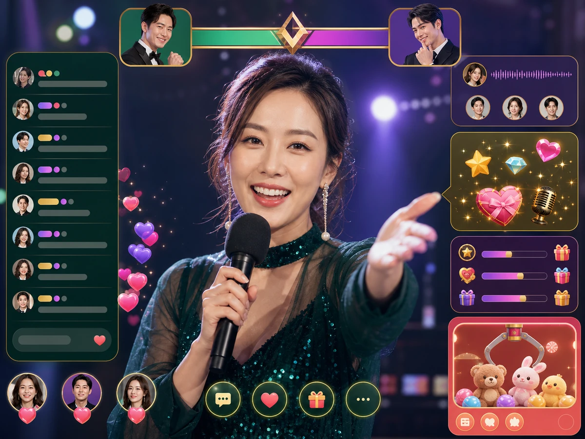 成人のElelive VJと視聴者、動画ライブ、音声接続、PK、ギフト、ゲームの全体像