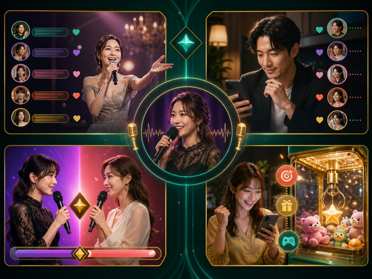 成人のElelive VJと視聴者が動画ライブ、音声接続、PK、イベント、ミニゲームを楽しむ様子
