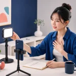 成人女性が初配信前に端末、照明、確認項目を準備する様子