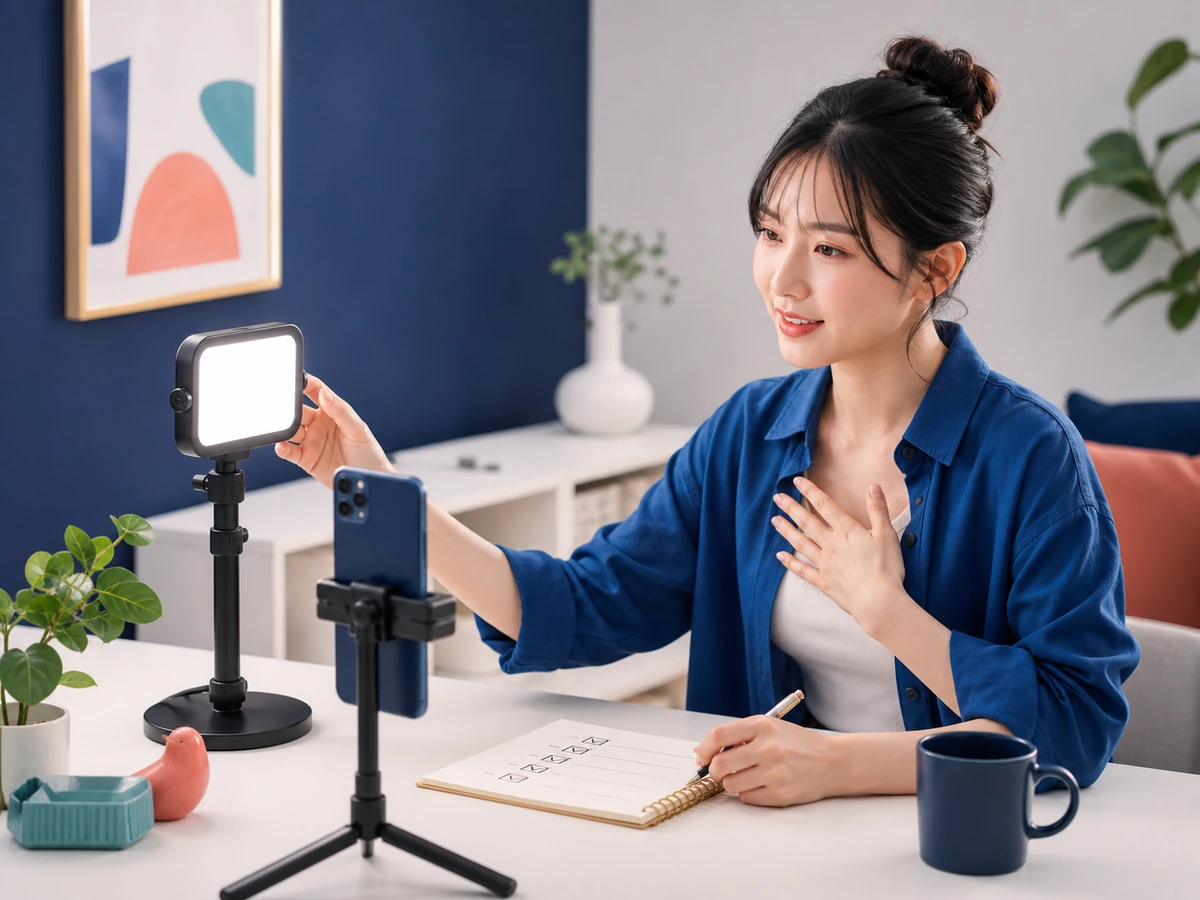 成人女性が初配信前に端末、照明、確認項目を準備する様子
