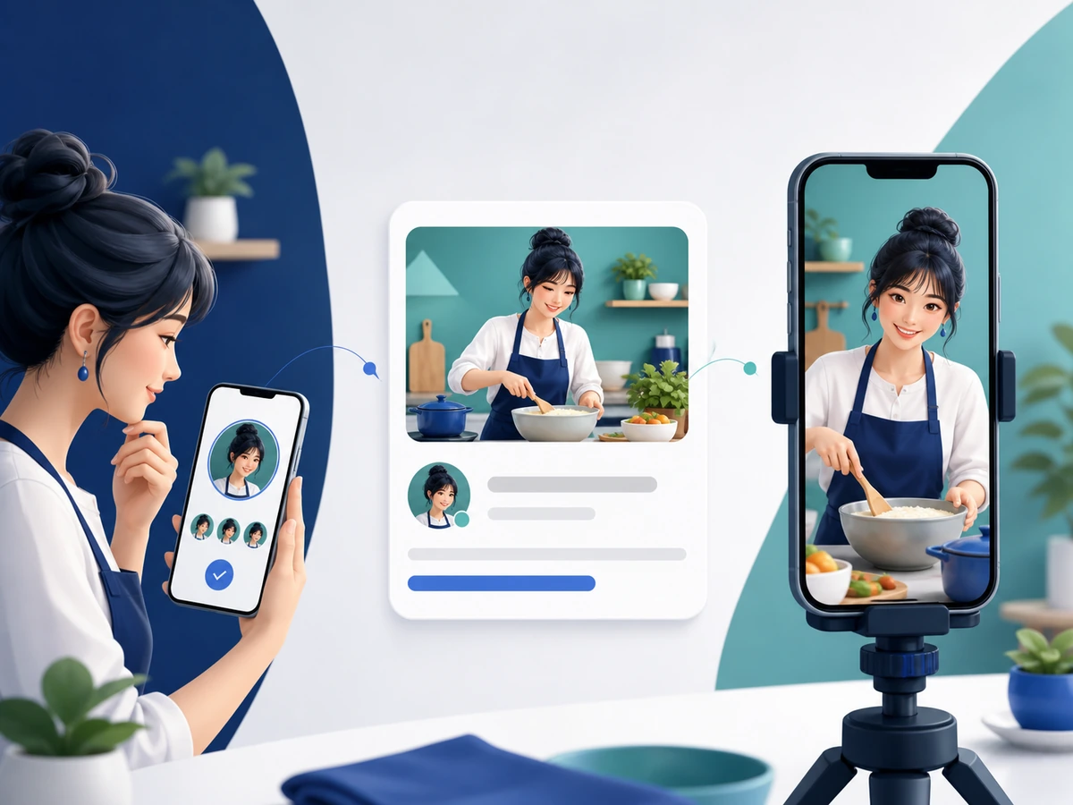 成人女性が料理配信のプロフィール写真、紹介カード、本番画面を同じ内容へそろえる様子