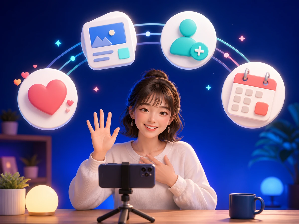 成人女性が配信の最後に感謝、フォロー、次回予定を順に案内する様子