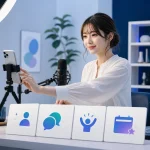 成人女性がスマートフォンとマイクを前に初配信を始める様子