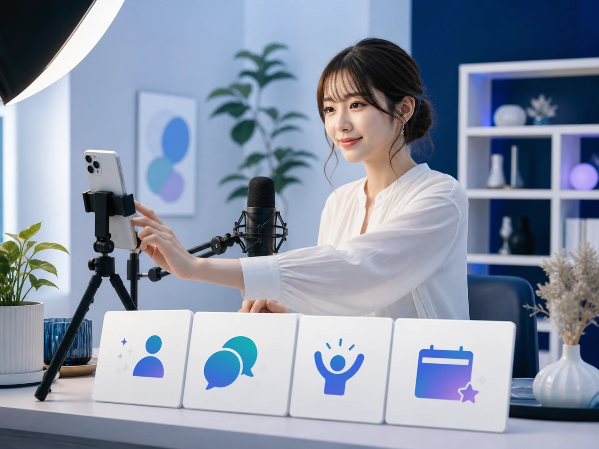 成人女性がスマートフォンとマイクを前に初配信を始める様子