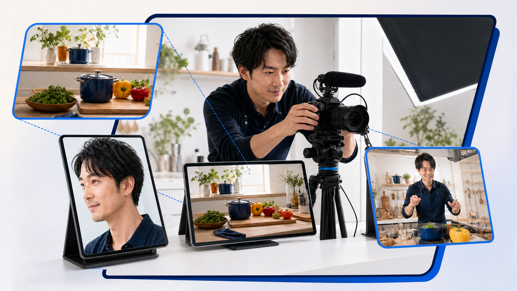 成人男性が本人の顔、料理道具、実際の配信画面を撮影して見比べる様子