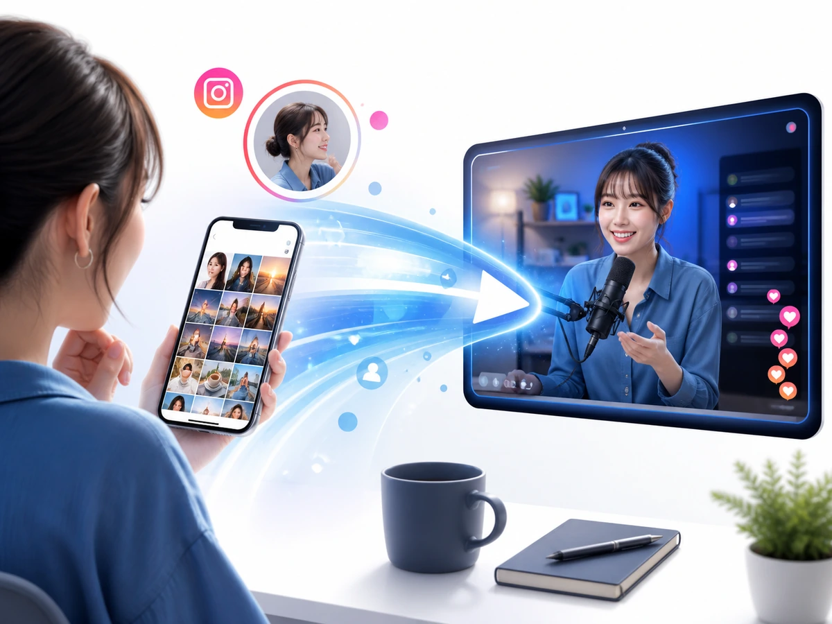 成人女性がInstagramの投稿一覧から同じ配信者のライブ画面へ進む様子