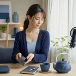 イベント敗北後にスマートフォンを置いて気持ちを整える成人女性配信者