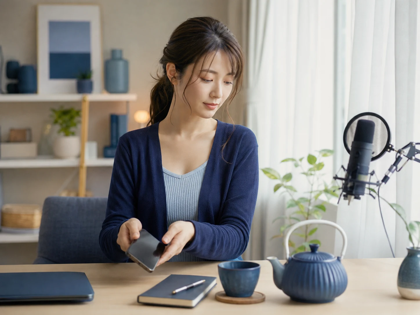 イベント敗北後にスマートフォンを置いて気持ちを整える成人女性配信者
