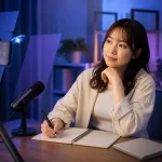 高い成果が出た配信を終え、自分の配信記録へ向き直る成人女性配信者