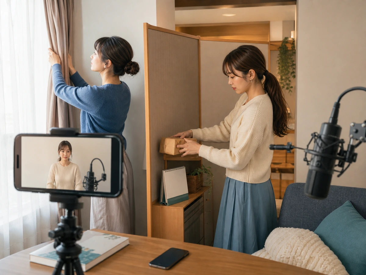 配信前に窓と荷物を画角から外す成人女性二人