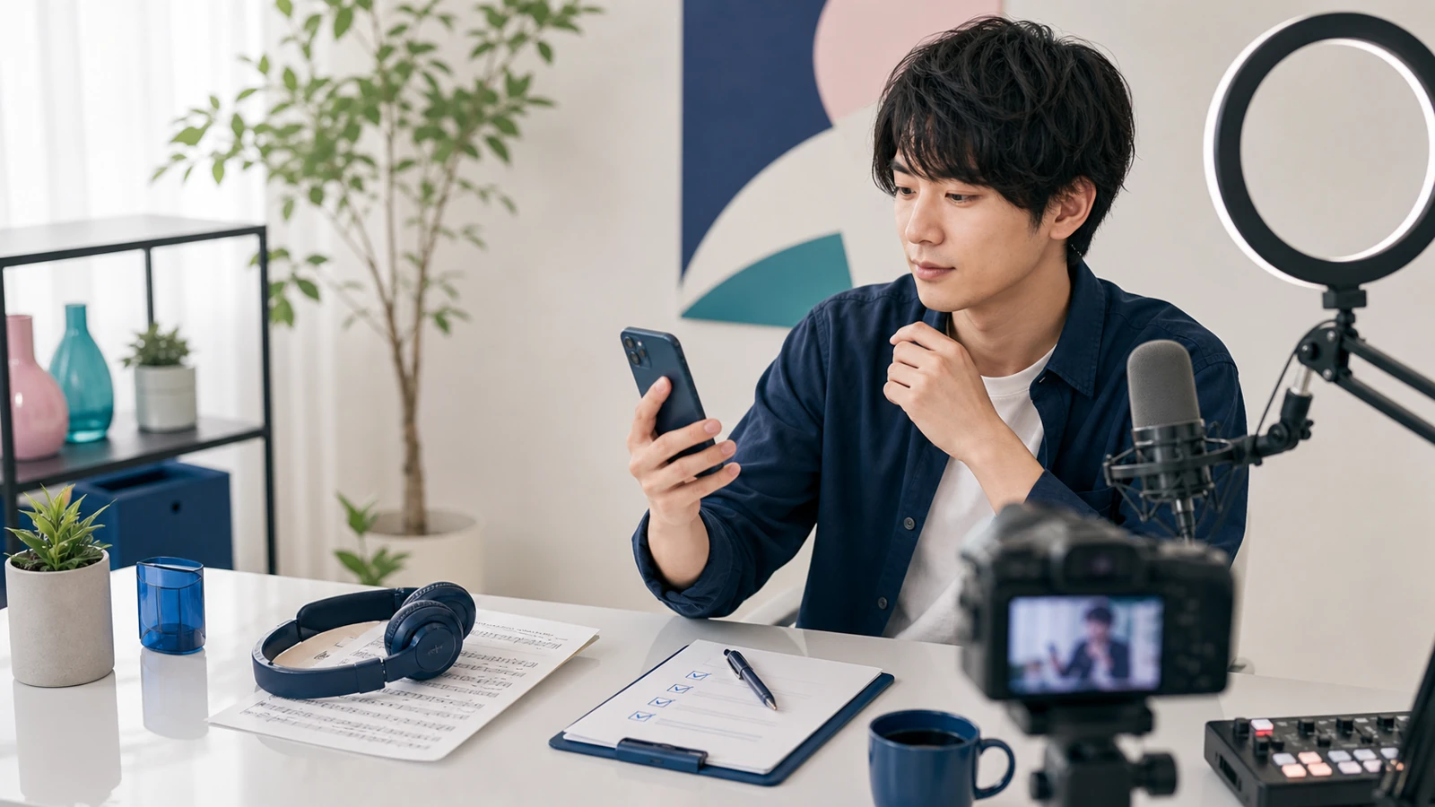 配信前にスマートフォンの状態と確認表を見る成人男性配信者