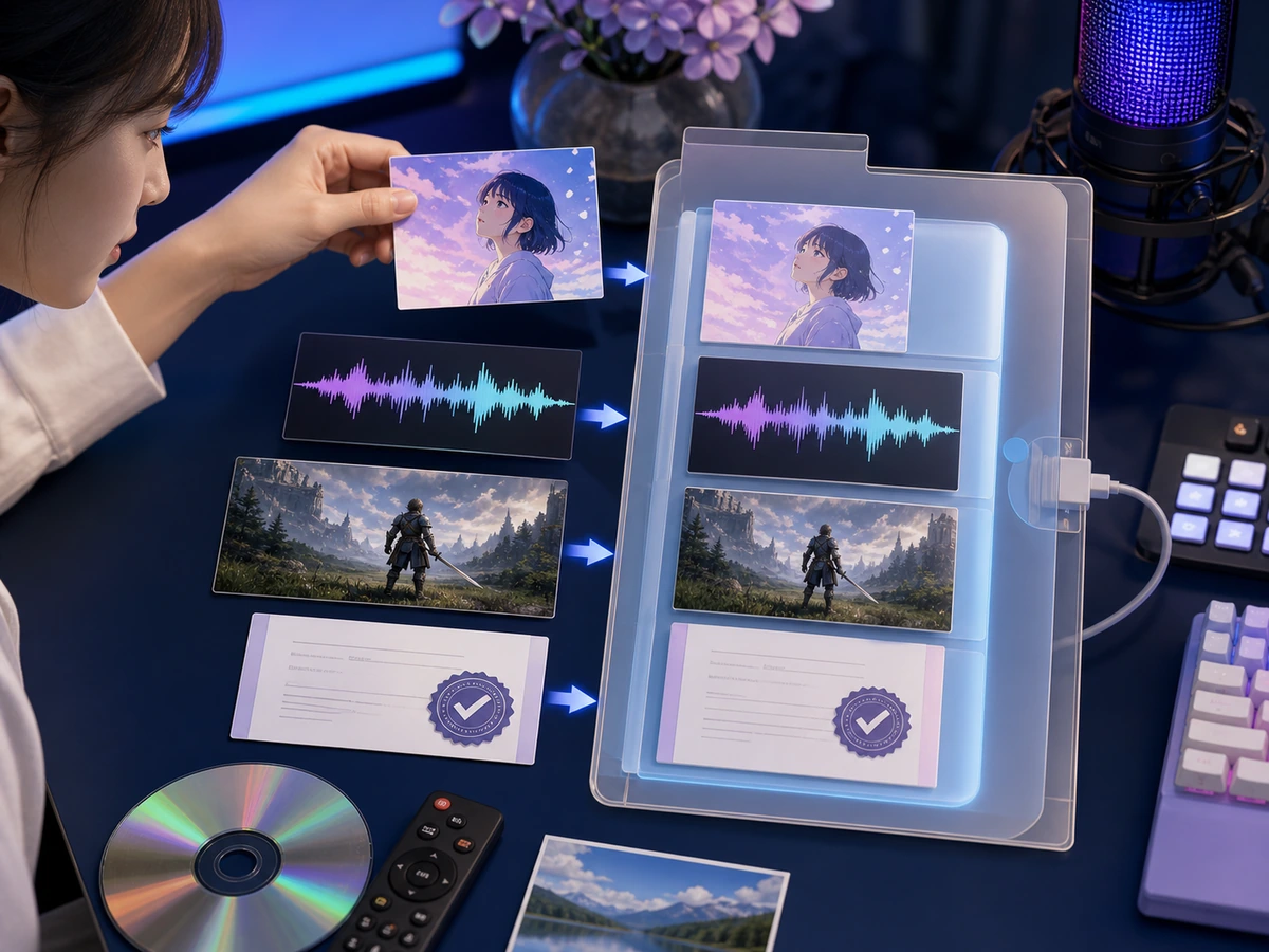 音源、画像、ゲーム映像と利用条件をフォルダに整理する成人女性