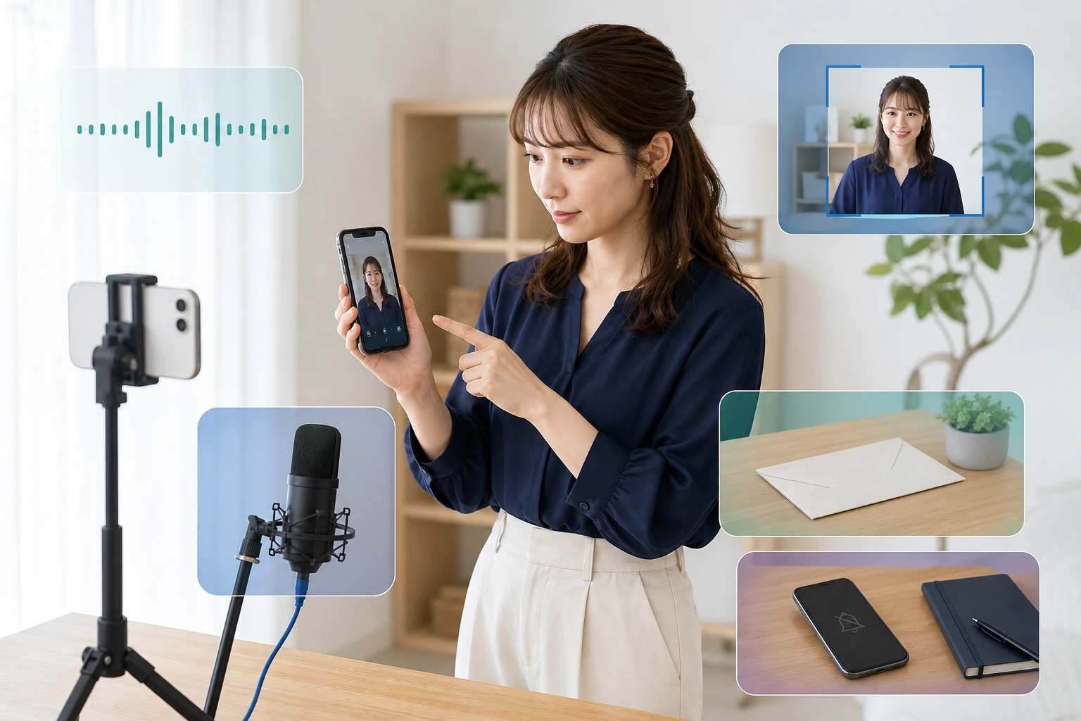女性配信者が別端末を使って映像、音、背景、通知を確認している