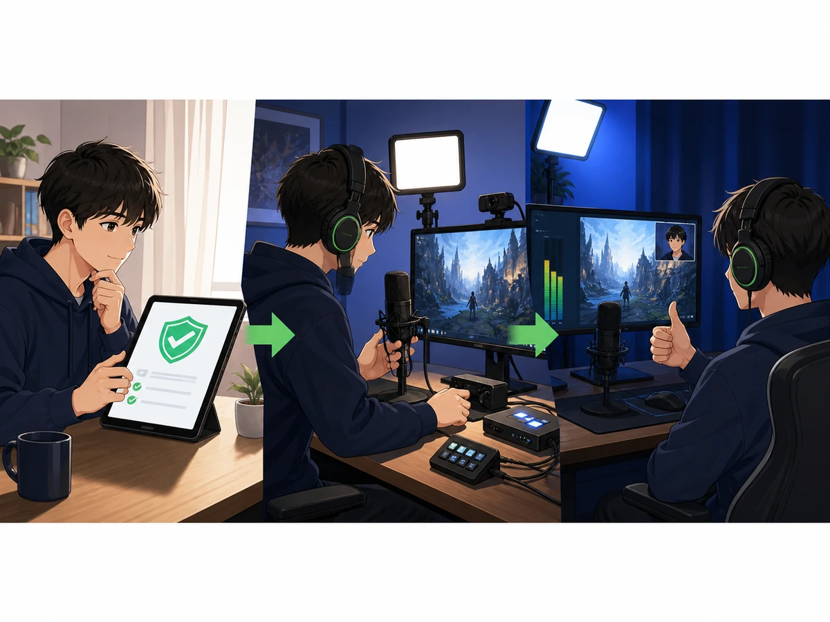 KICK Go Liveのデュアルカメラ、画面共有、配信設定を、配信者や視聴者がいる利用場面で示した画像