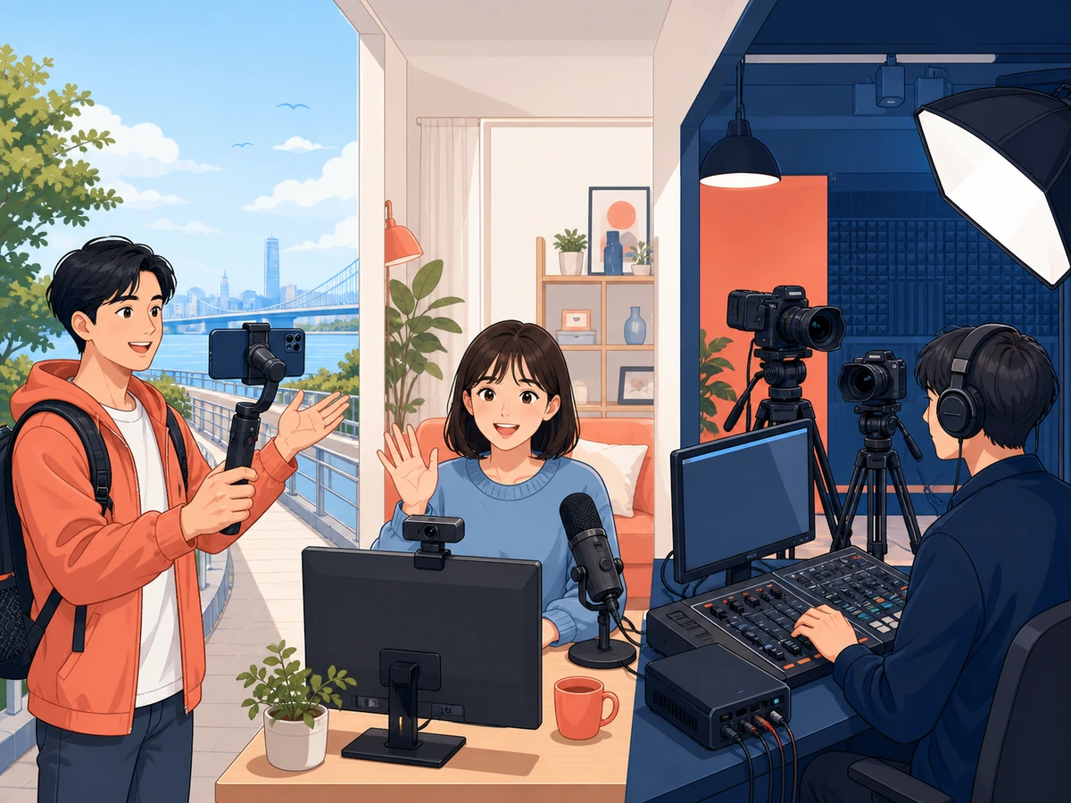 YouTube Liveのモバイル、Webカメラ、エンコーダー、ゲーム機による配信方法を、配信者や視聴者がいる利用場面で示した画像