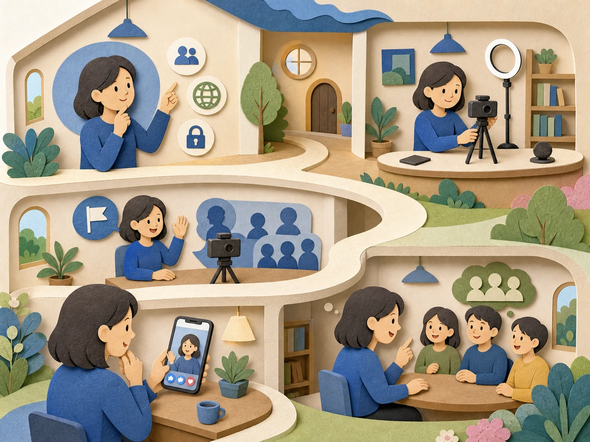 Facebook Liveのスマートフォン、Webカメラ、配信ソフトの違いを、配信者や視聴者がいる利用場面で示した画像