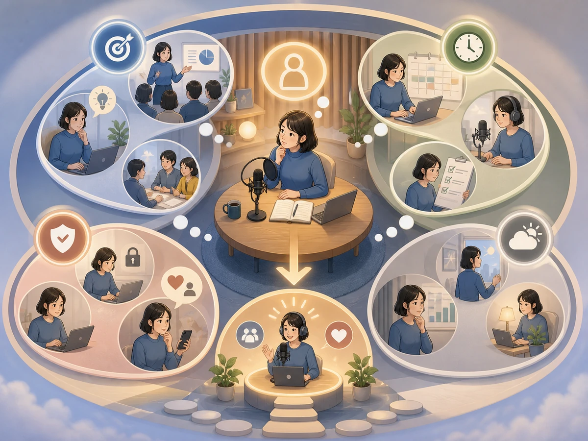 LinkedIn Liveの公開イベント、コメント、自動録画の流れを、配信者や視聴者がいる利用場面で示した画像