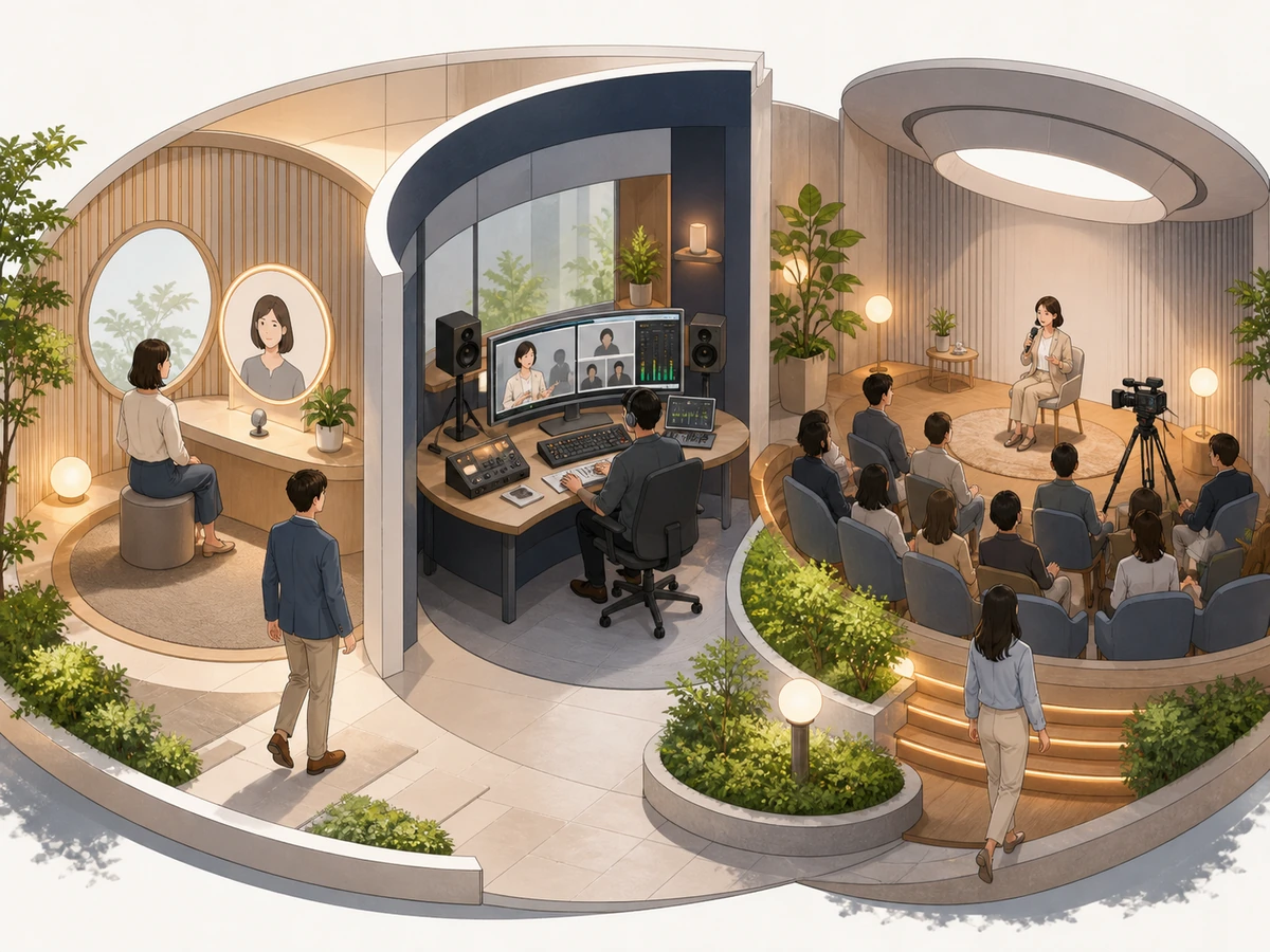 LinkedIn Liveの配信資格、イベント予約、外部配信ツールを、配信者や視聴者がいる利用場面で示した画像