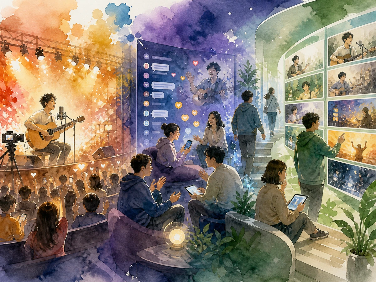 Rumbleのライブ作成、配信ソフト接続、リプレイ公開の流れを、配信者や視聴者がいる利用場面で示した画像