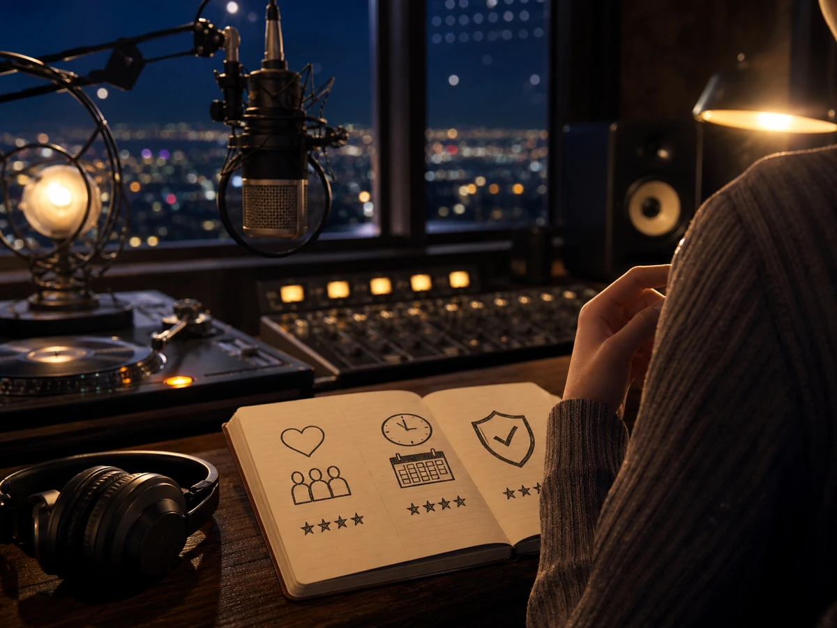 Stationheadで配信前に端末、音楽契約、チャット、安全設定を確認する場面を、配信者や視聴者がいる利用場面で示した画像