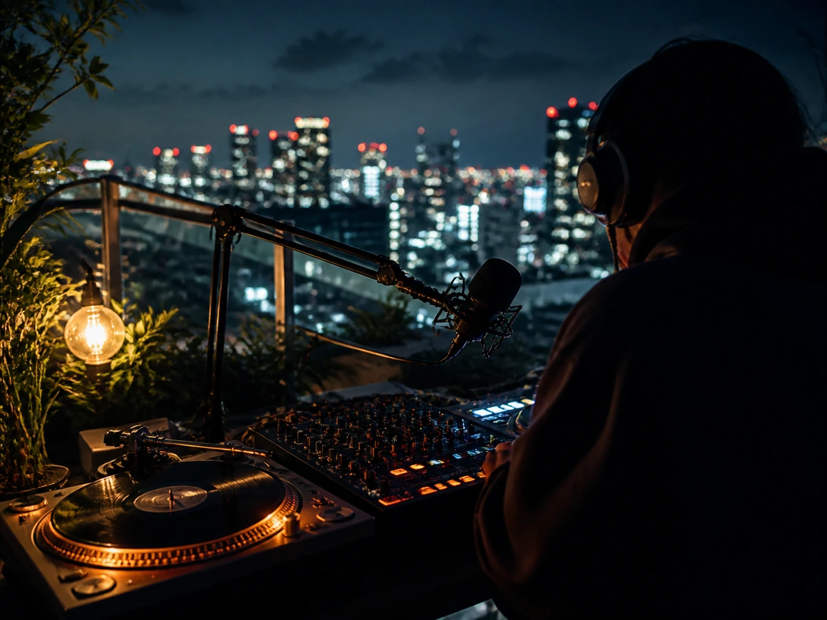 Mixcloud Liveで年齢、映像権利、公開範囲、日本の収益対象を確認する場面を、配信者や視聴者がいる利用場面で示した画像