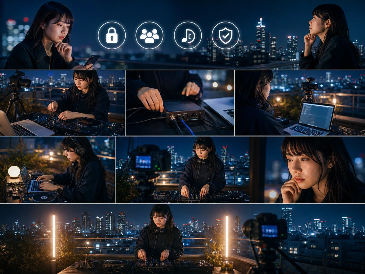 Mixcloud Liveでミキサー、パソコン、OBS、RTMPを接続する流れを、配信者や視聴者がいる利用場面で示した画像