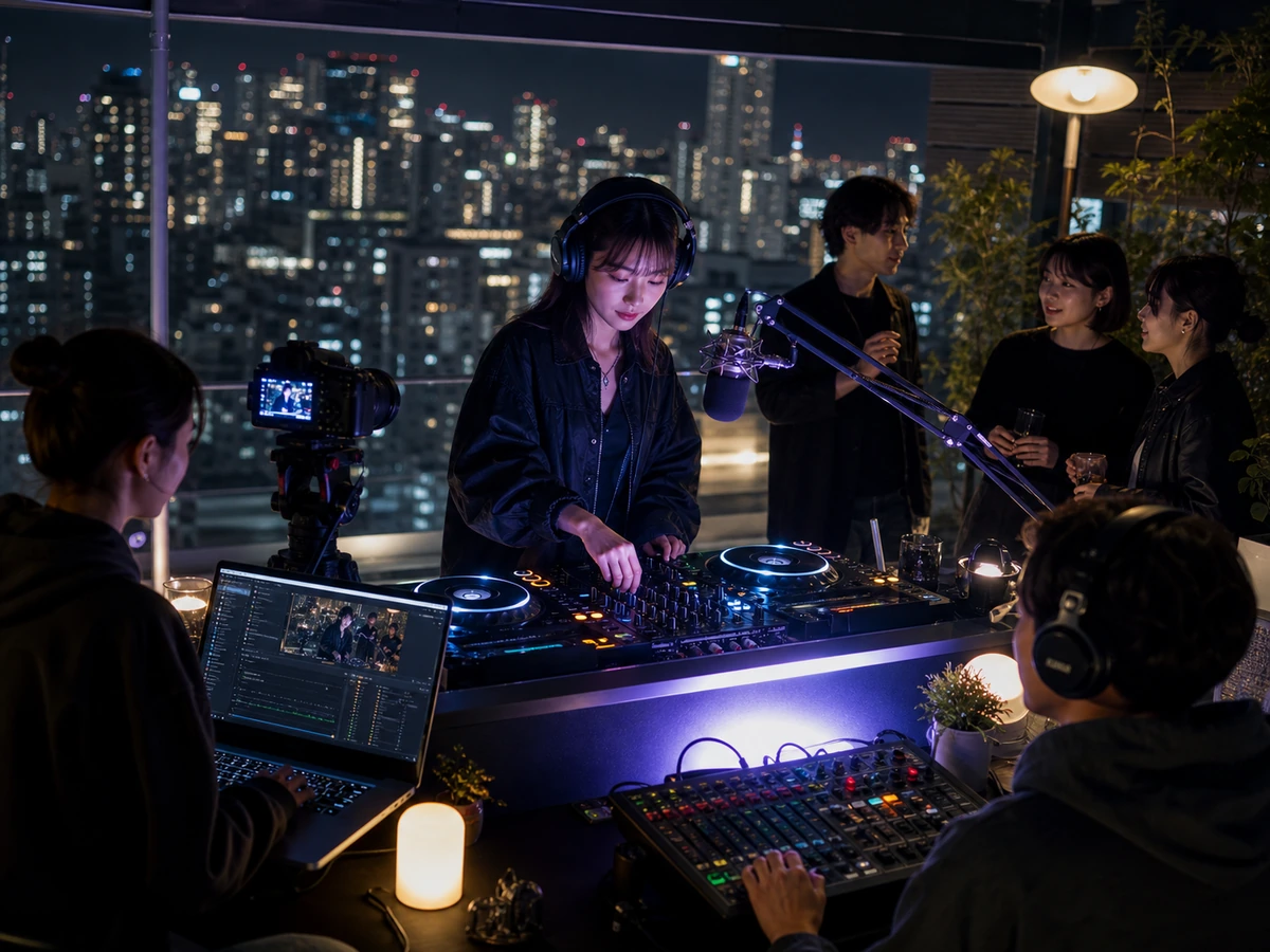 Mixcloud LiveでDJが音声と任意の映像を配信する場面を、配信者や視聴者がいる利用場面で示した画像