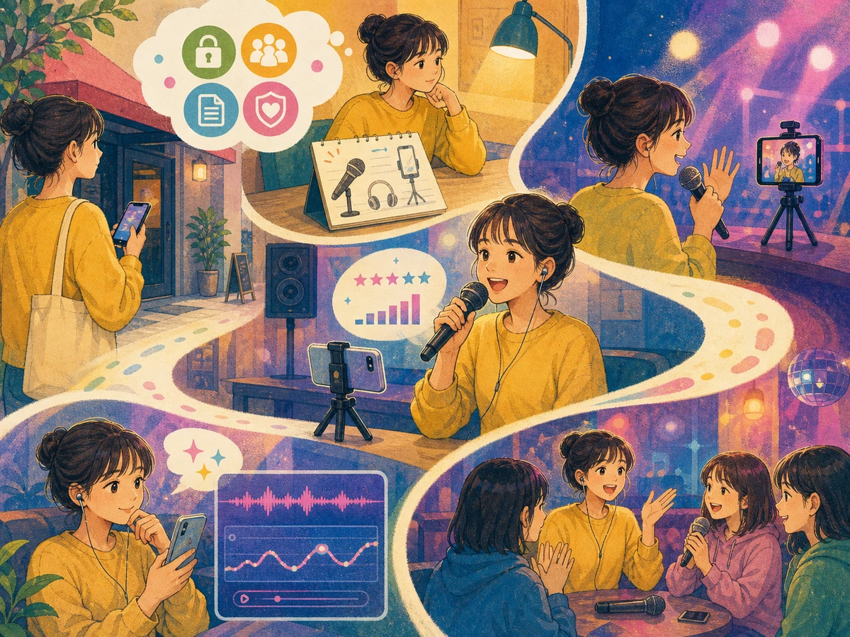 Pokekaraのコラボ、ルーム、ライブで歌う人と聴く人が交流する場面