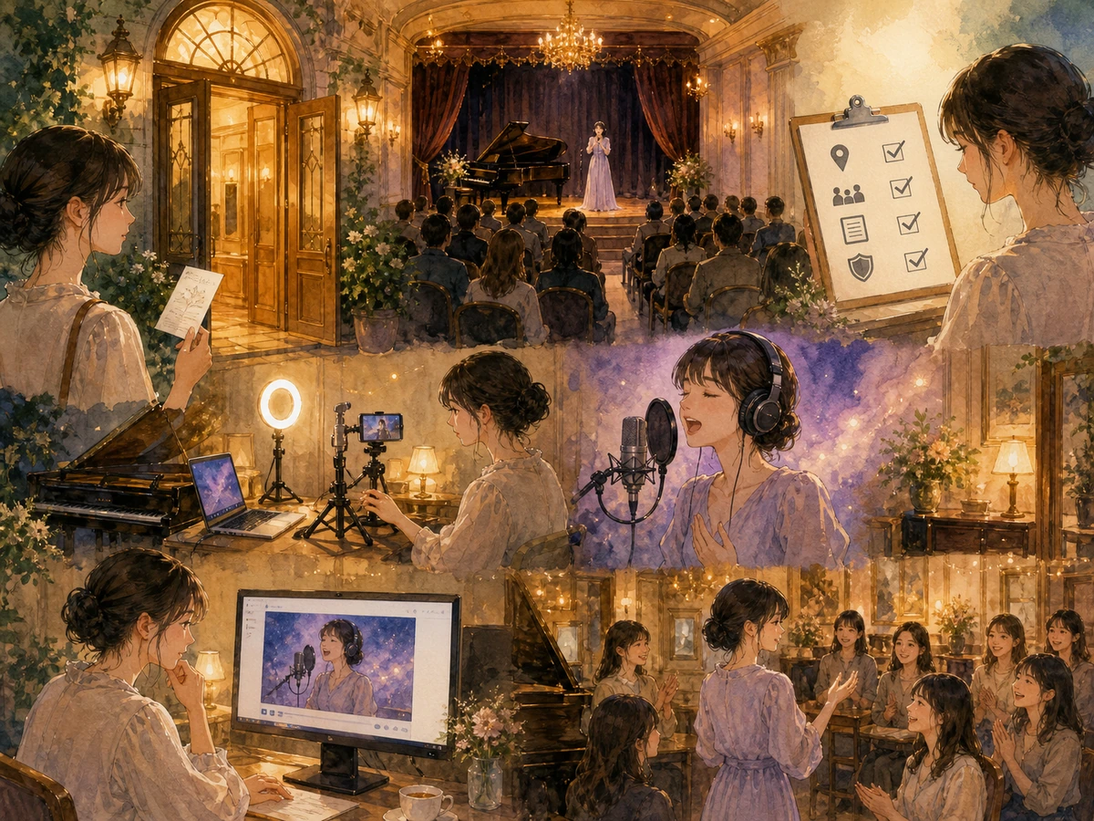 UTAOで曲を選び、歌唱、編集、サムネイル設定、投稿を行う流れを、配信者や視聴者がいる利用場面で示した画像